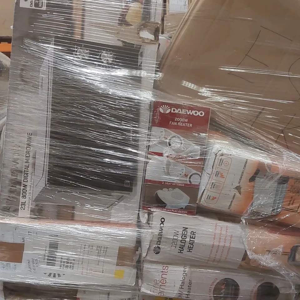 PALLET CONTAINING A VERY LARGE QUANTITY OF ASSORTED ELECTRIC ITEMS INCLUDING: DAEWOO 23L 800W DIGITAL MICROWAVE, CONVECTOR HEATERS, HALOGEN HEATERS ECT