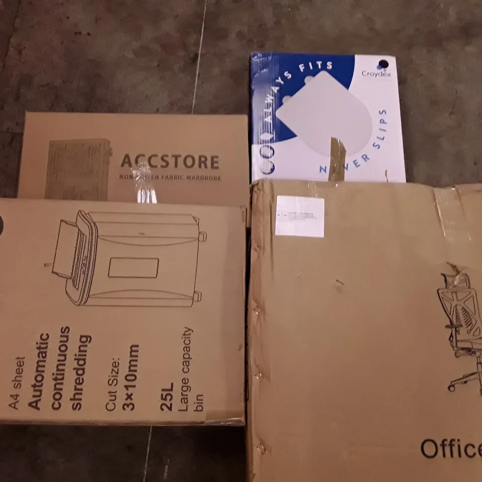 PALLET OF ASSORTED PRODUCTS INCLUDING OFFICE CHAIR, AUTOMATIC CONTINUOUS SHREDDER, ACCSTORE NON-WOVEN FABRIC WARDROBE, TOILET SEAT, SINGLE BED FRAME, LED CEILING FAN  