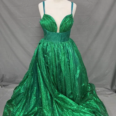 EMERALD LONG OFF THE SHOULDER SLEEVELESS GLITTER DRESS - SIZE SMALL