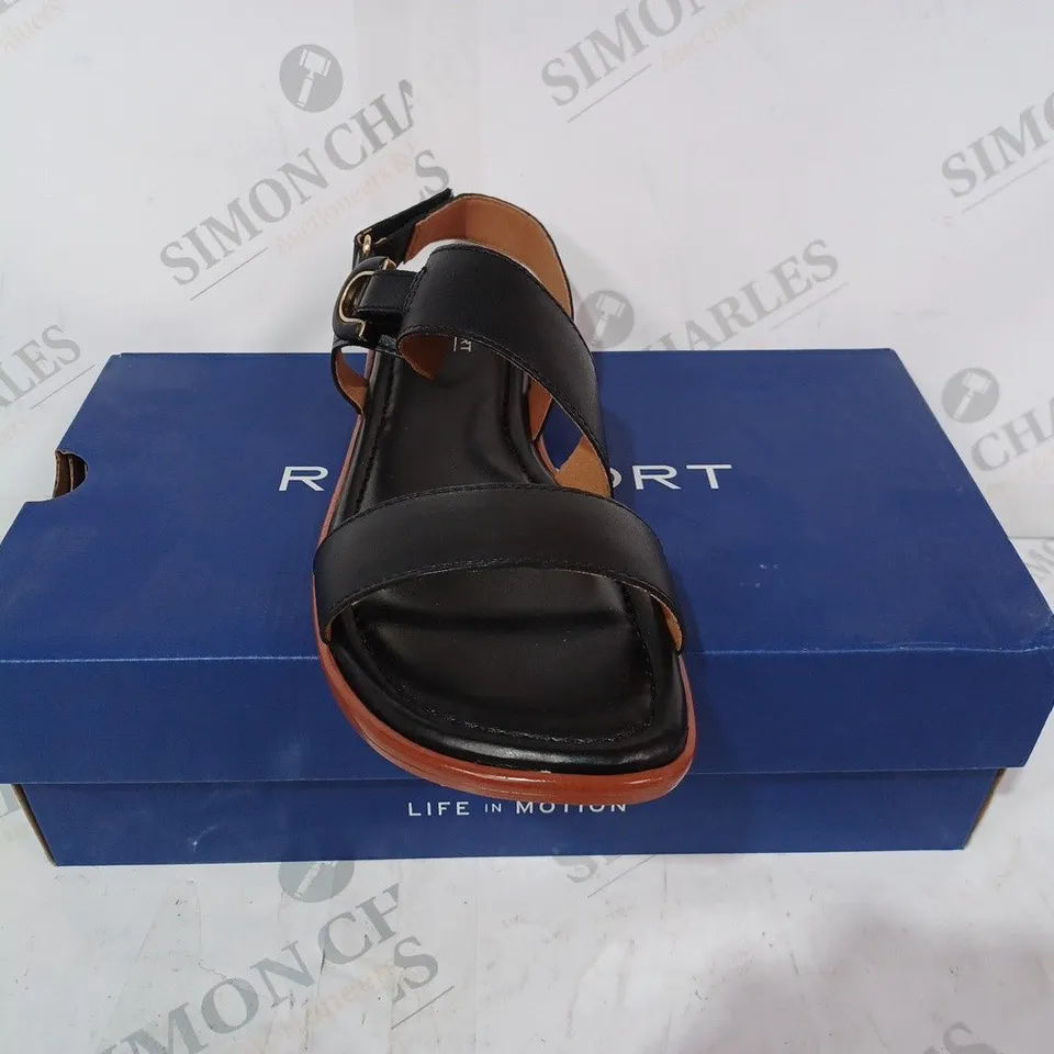 BOXED PAIR OF ROCKPORT ZADIE OPEN TOE FLAT SANDALS IN BLACK UK SIZE 7