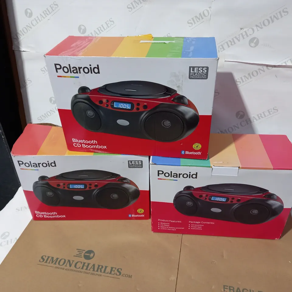 LOT OF 3 ASSORTED POLAROID BLUETOOTH CD BOOMBOXES