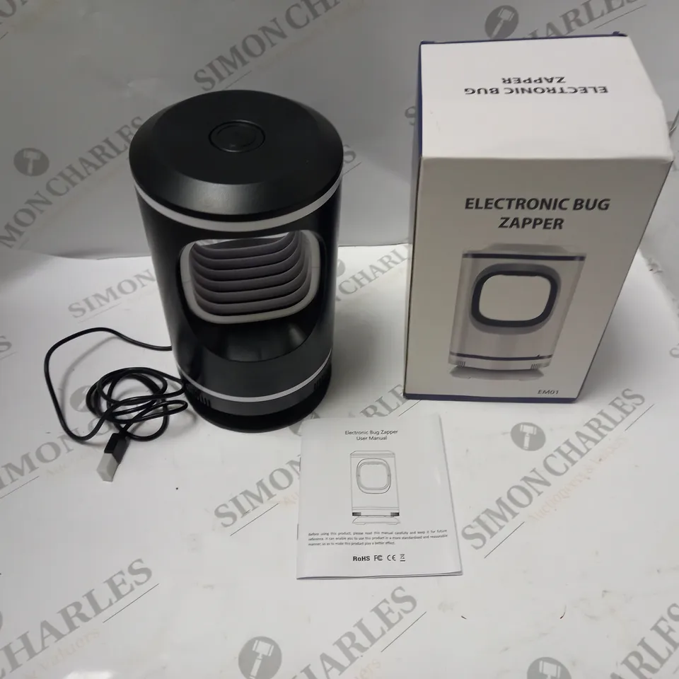 BOXED ELECTRONIC BUG ZAPPER - MODEL EM01 - WITH USB CHARGING CABLE AND INSTRUCTIONS
