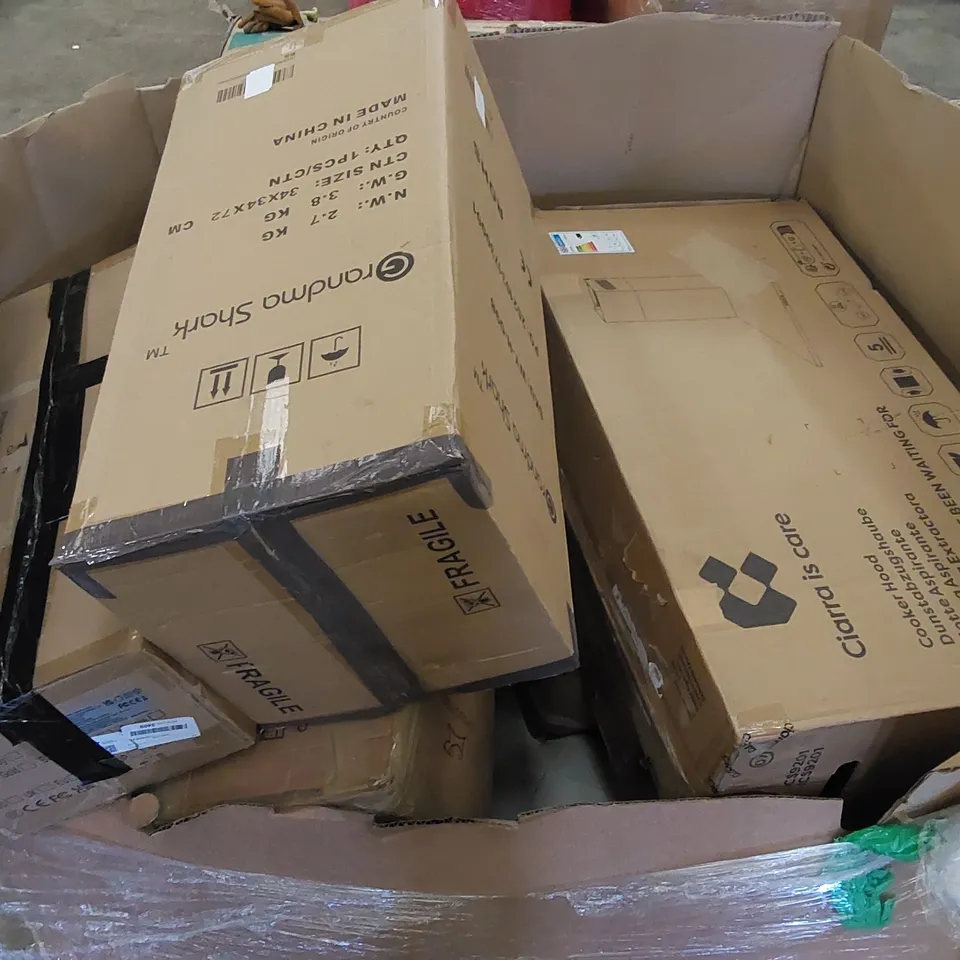 PALLET OF ASSORTED HOUSEHOLD ITEMS AND CONSUMER PRODUCTS. INCLUDES PET STROLLERS, COOKERHOOD, BLADELESS PURIFIER AND HEATER FANS ETC