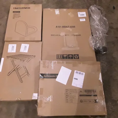 PALLET OF ASSORTED PRODUCTS INCLUDING TOILET SEAT, MAGNETIC WHITEBOARD, DOOR MAT, BATHROOM MIRROR, FOLDING TABLE