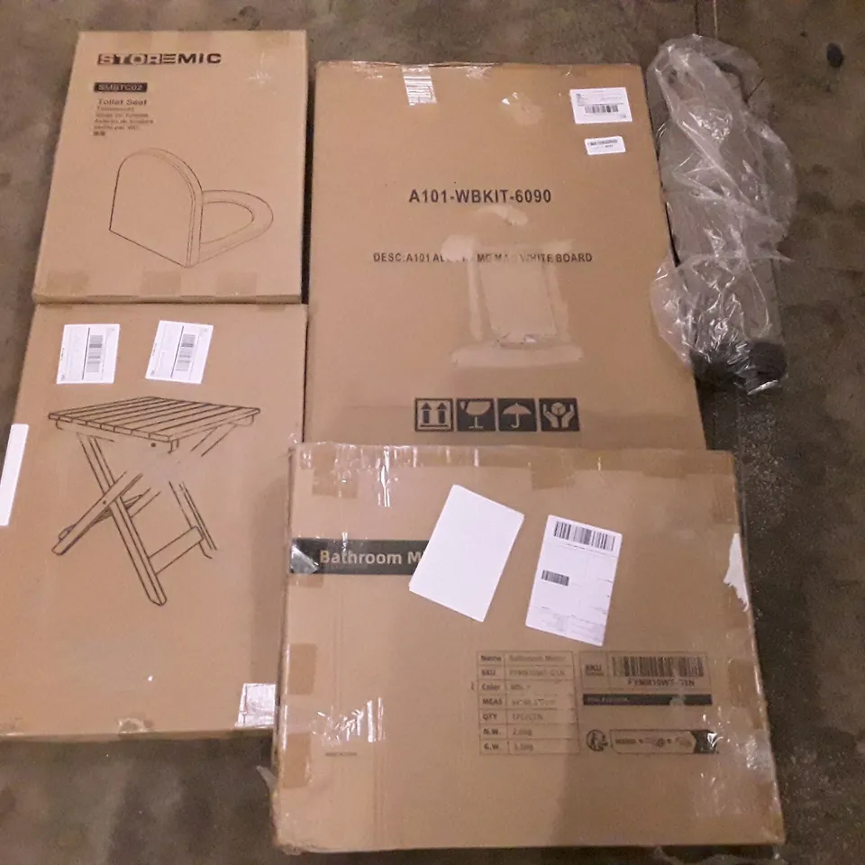 PALLET OF ASSORTED PRODUCTS INCLUDING TOILET SEAT, MAGNETIC WHITEBOARD, DOOR MAT, BATHROOM MIRROR, FOLDING TABLE