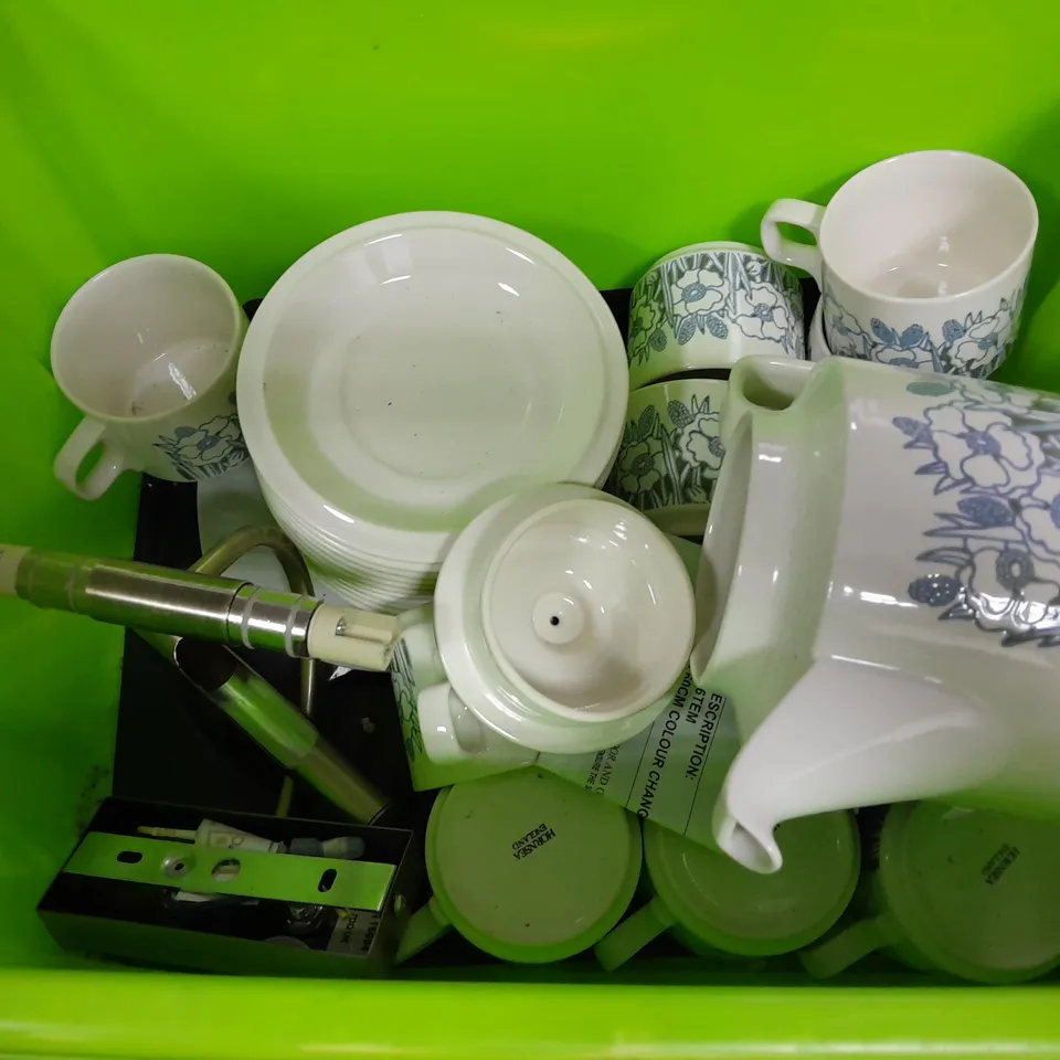 BOX OF ASSORTED KITCHEN PLATES KETTLES , AND TEA CUPS - COLLECTION ONLY 