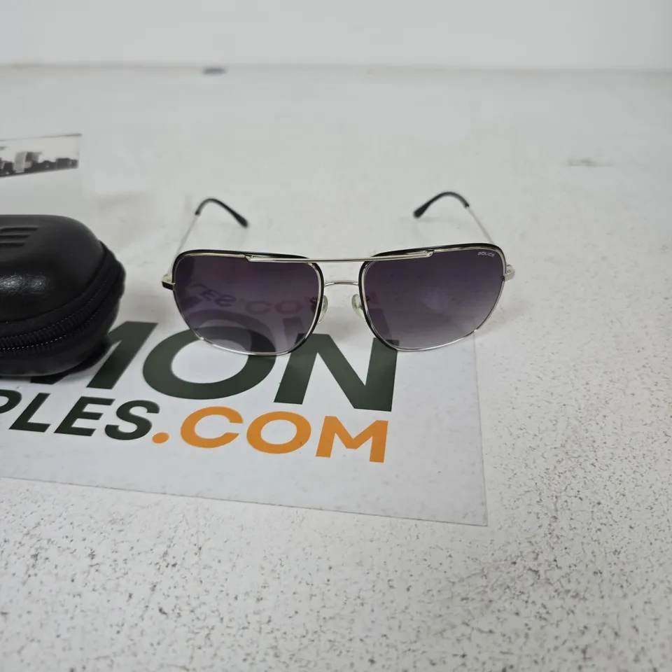 POLICE AVIATOR SUNGLASSES – SILVER FRAME, DARK GRADIENT LENSES, INCLUDES CASE