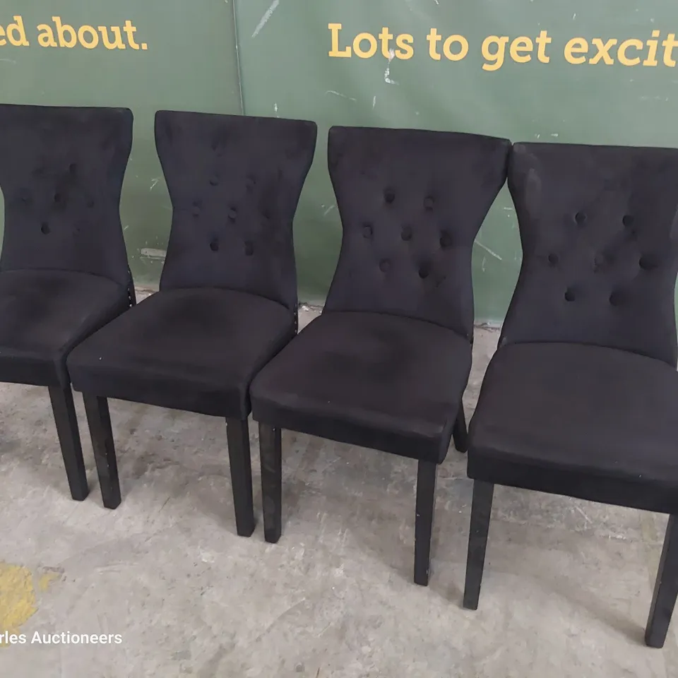 SET OF FOUR UPHOLSTERED BUTTONED RING BACK DINING CHAIRS BLACK PLUSH FABRIC ON BLACK PAINTED LEGS 