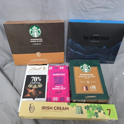 APPROXIMATELY 10 ASSORTED FOOD/DRINK PRODUCTS TO INCLUDE STARBUCKS HOUSE BLEND, LINDT CHOCOLATE, NESPRESSO COFFEE ETC 