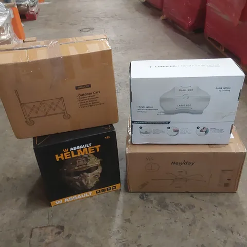 PALLET OF ASSORTED HOUSEHOLD GOODS AND PRODUCTS TO INCLUDE; W ASSAULT HELMET, OUTDOOR CART, CEILING FAN LIGHT, BOXED FURNITURE ETC
