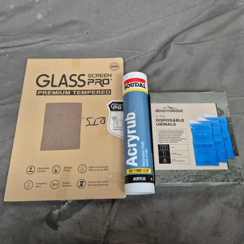 APPROXIMATELY 15 ASSORTED HOUSEHOLD PRODUCTS TO INCLUDE DISPOSABLE URINALS, DECORATORS CAULK, TEMPERED GLASS SCREEN PROTECTOR FOR TABLETS ETC