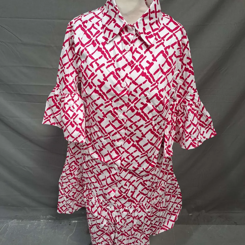 HELENE BERMAN SHIRT DRESS WITH FRILL IN PINK GEO SIZE 14