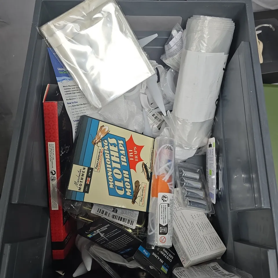 BOX OF ASSORTED ITEMS TO INCLUDE - PENS - LUGGAGE TAGS - MOTH TRAPS 