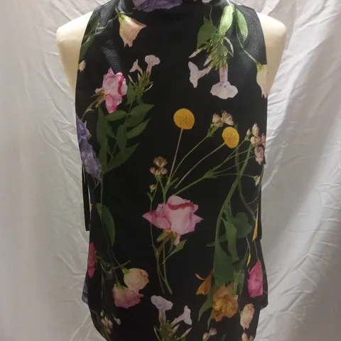 TED BAKER COWL NECK SLEEVELESS TOP, BLACK FLORAL - SIZE 2
