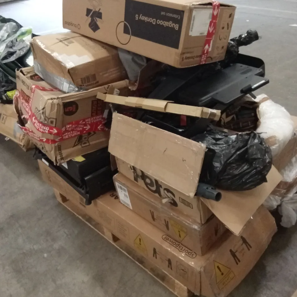PALLET OF ASSORTED INCOMPLETE OR DAMAGED HOUSEHOLD GOODS AND PRODUCTS TO INCLUDE; TRAMPOLINE PARTS, TREADMILL, PRAM PARTS ETC