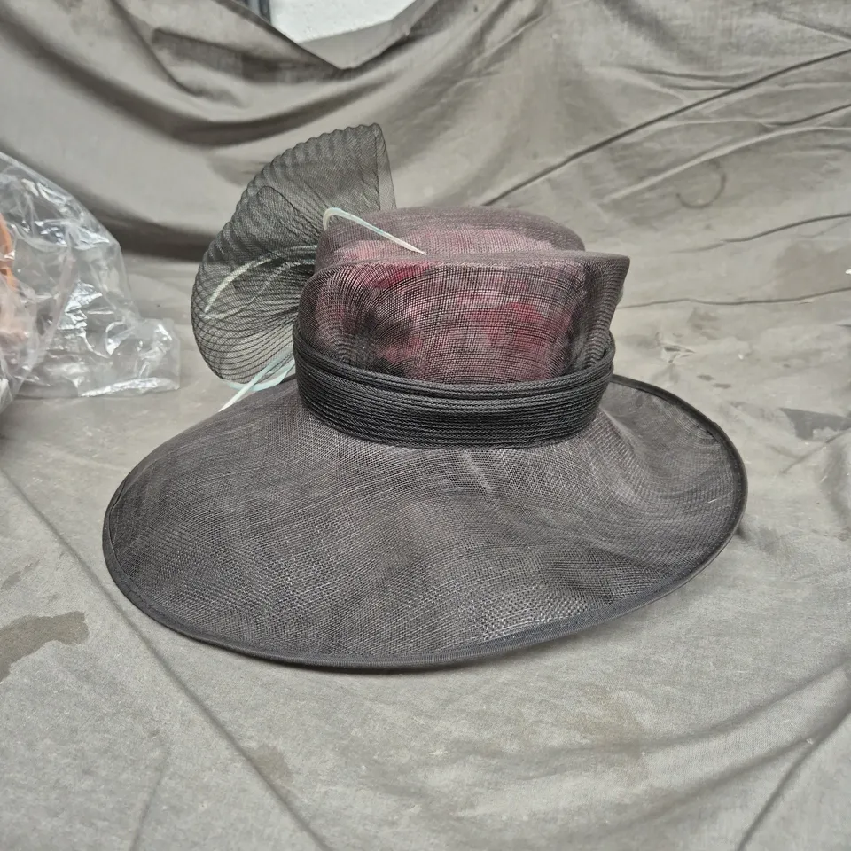DARCIE MAE BLACK WIDE-BRIM HAT WITH NETTING AND FEATHER DETAIL