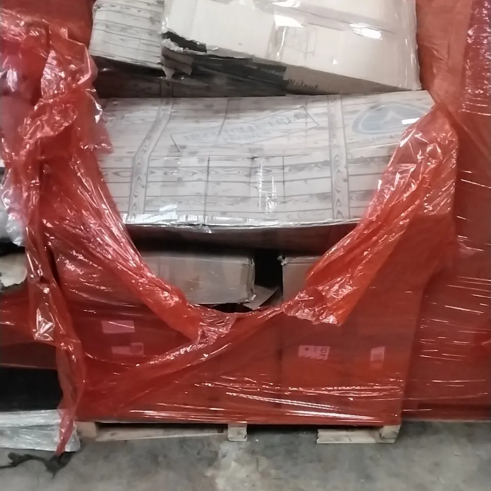 PALLET OF ASSORTED HOUSEHOLD GOODS AND PRODUCTS TO INCLUDE; CHRISTMAS TREES, BOXED FURNITURE ETC