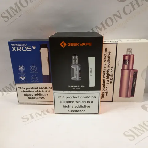 BOX OF APPROXMATELY 25 E-CIGARETTES AND LIQUIDS TO INCLUDE COOLFIRE Z50 MOD, GEEKVAPE L200 200W, VAPORE3SSO XROS2, ETC