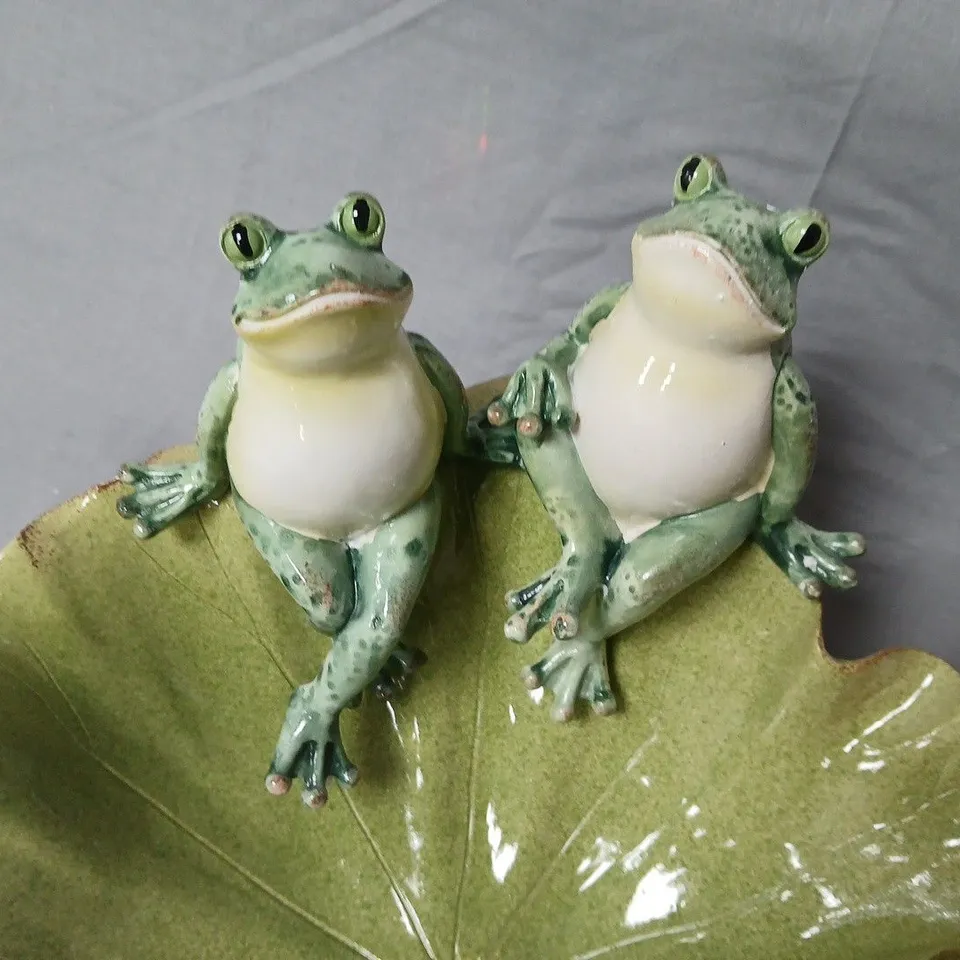 CERAMIC FROG FIGURINES ON LOTUS LEAF WITH PINK FLOWER – DECORATIVE GARDEN ORNAMENT