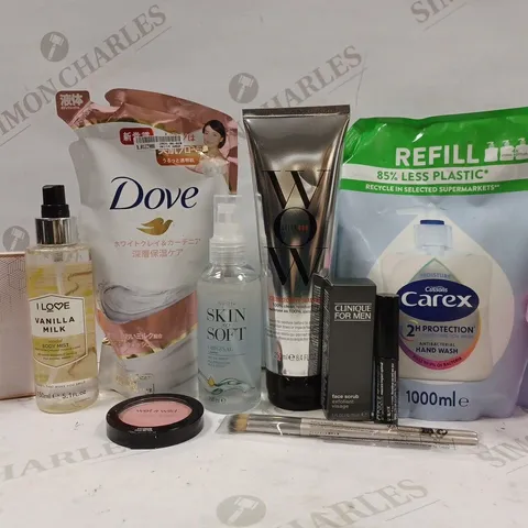 BOX OF APPROX 10 ASSORTED BEAUTY PRODUCTS TO INCLUDE AVON DRY OIL SPRAY, CLINIQUE FOR MEN FACE SCRUB, GIVE ME SCALP SCRUB, ETC