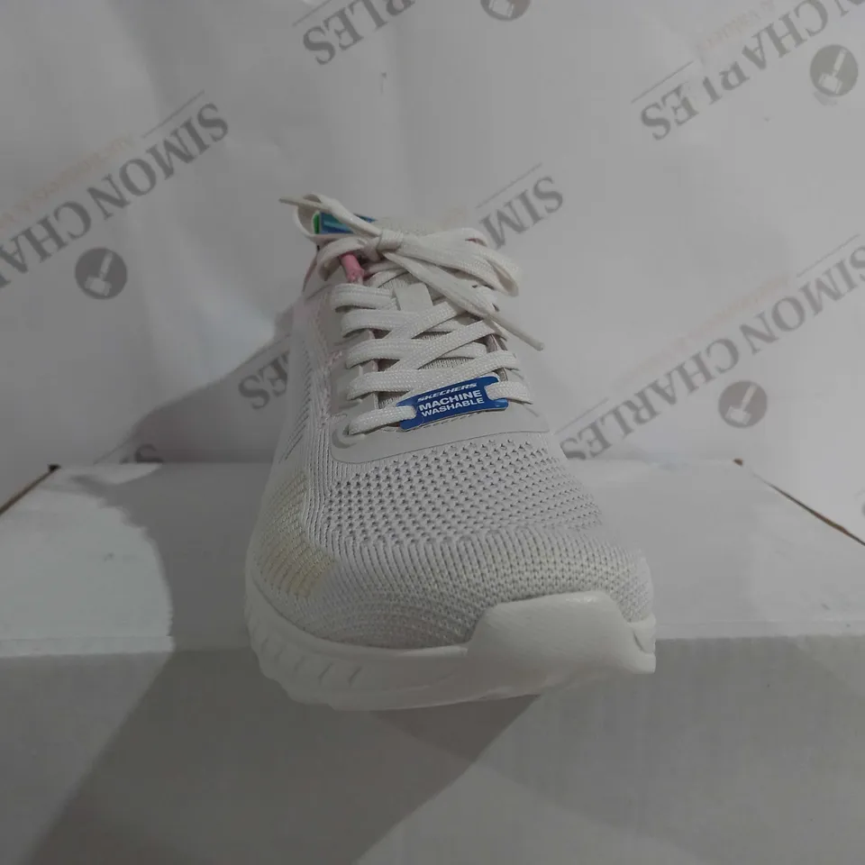 BOXED PAIR OF SKECHERS TRAINERS IN WHITE/PINK/BLUE/YELLOW UK SIZE 6.5