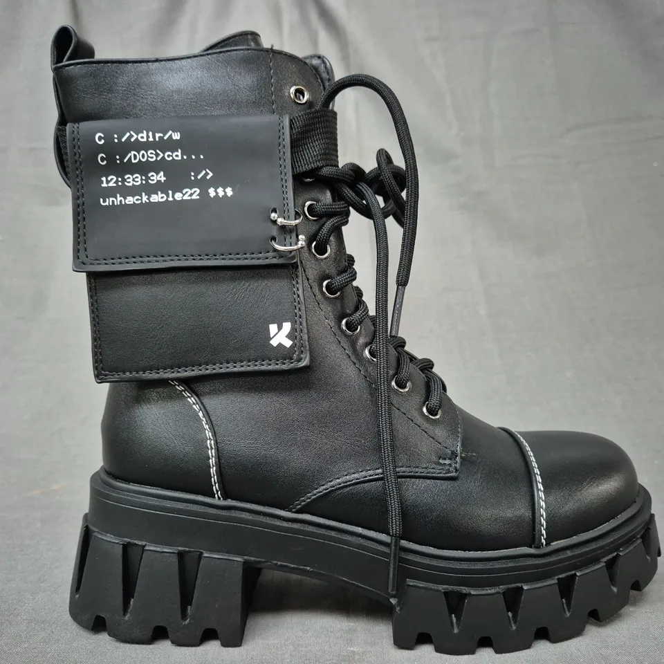 BOXED PAIR OF KOI BANSHEE FALLOUT CYBER BOOTS IN BLACK UK SIZE 3