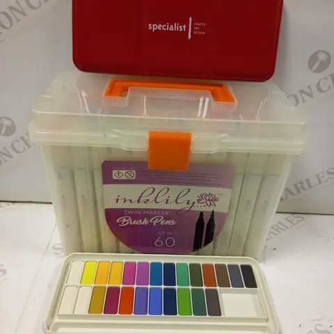 2 ASSORTED CRAFT PRODUCTS TO INCLUDE; INKLILY TWIN MARKER BRUSH PENS SET OF 60 AND SPECIALIST 25 ASSORTED SET OF PAINTS