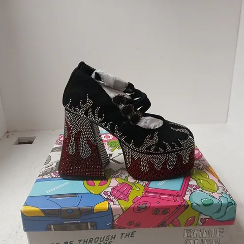 KOI BLAZED FLAMES STRAPPY HEELS - BLACK FLAME, UK 4