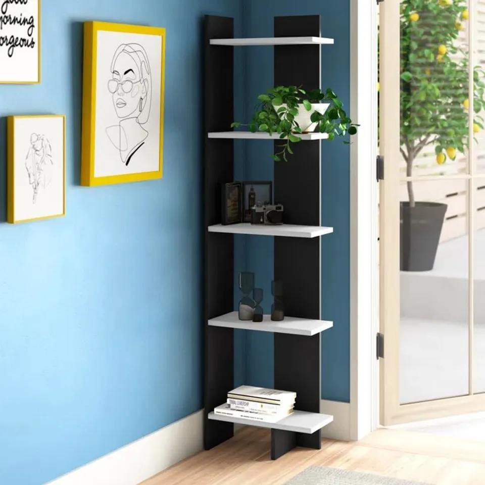 BOXED DEDDRICK CORNER BOOKCASE - BLACK/WHITE (1 BOX)