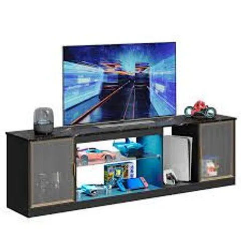 BOXED BESTIER RGB LED LIGHT TV STAND FOR 65-75INCH TV, WITH STORAGE CABINETS - BLACK MARBLE (1 BOX)
