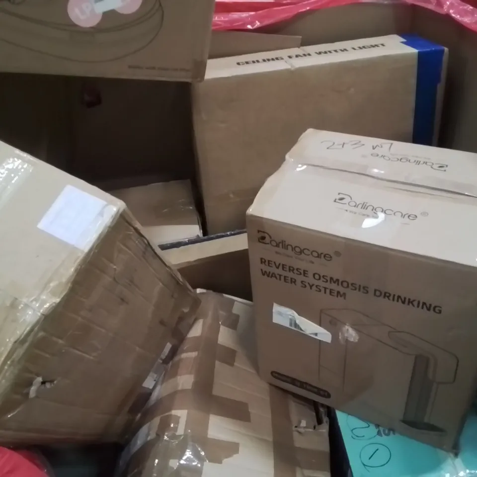 PALLET CONTAINING VARIOUS ASSORTED BOXED HOUSEHOLD ITEMS TO INCLUDE: SMART CAT LITTER BOX, DRINKING WATER SYSTEM, CEILING FAN WITH LIGHT AND LOTS MORE UNMARKED BOXED ITEMS 