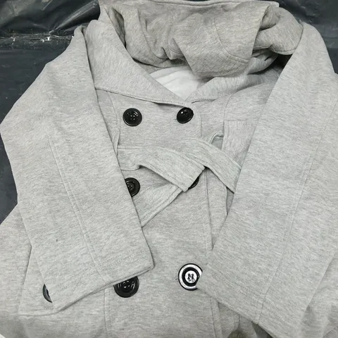 APPROXIMATELY 30 LARGE BUTTON JACKETS WITH BELT - GREY - ASSORTED SIZES AND STYLES