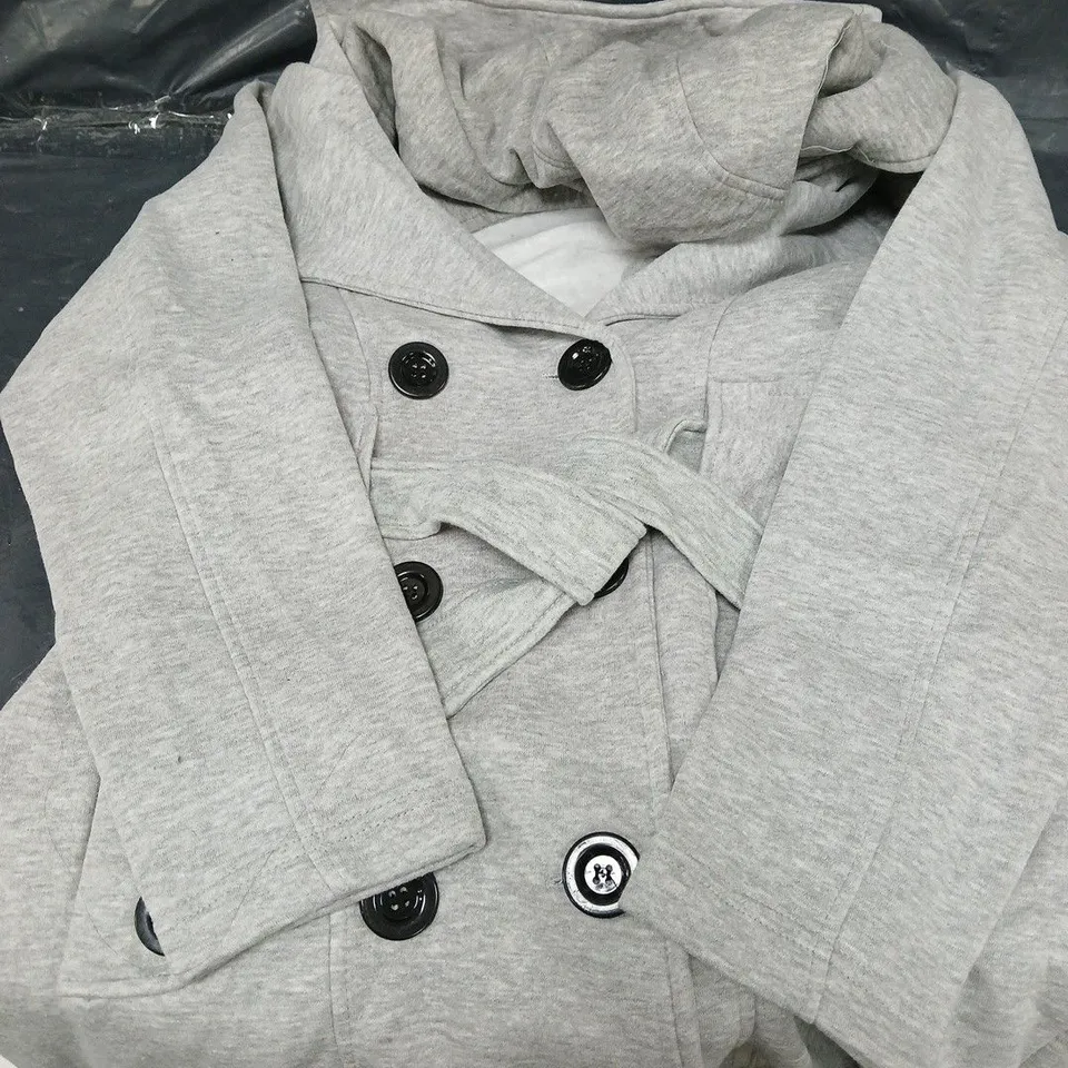 APPROXIMATELY 30 LARGE BUTTON JACKETS WITH BELT - GREY - ASSORTED SIZES AND STYLES