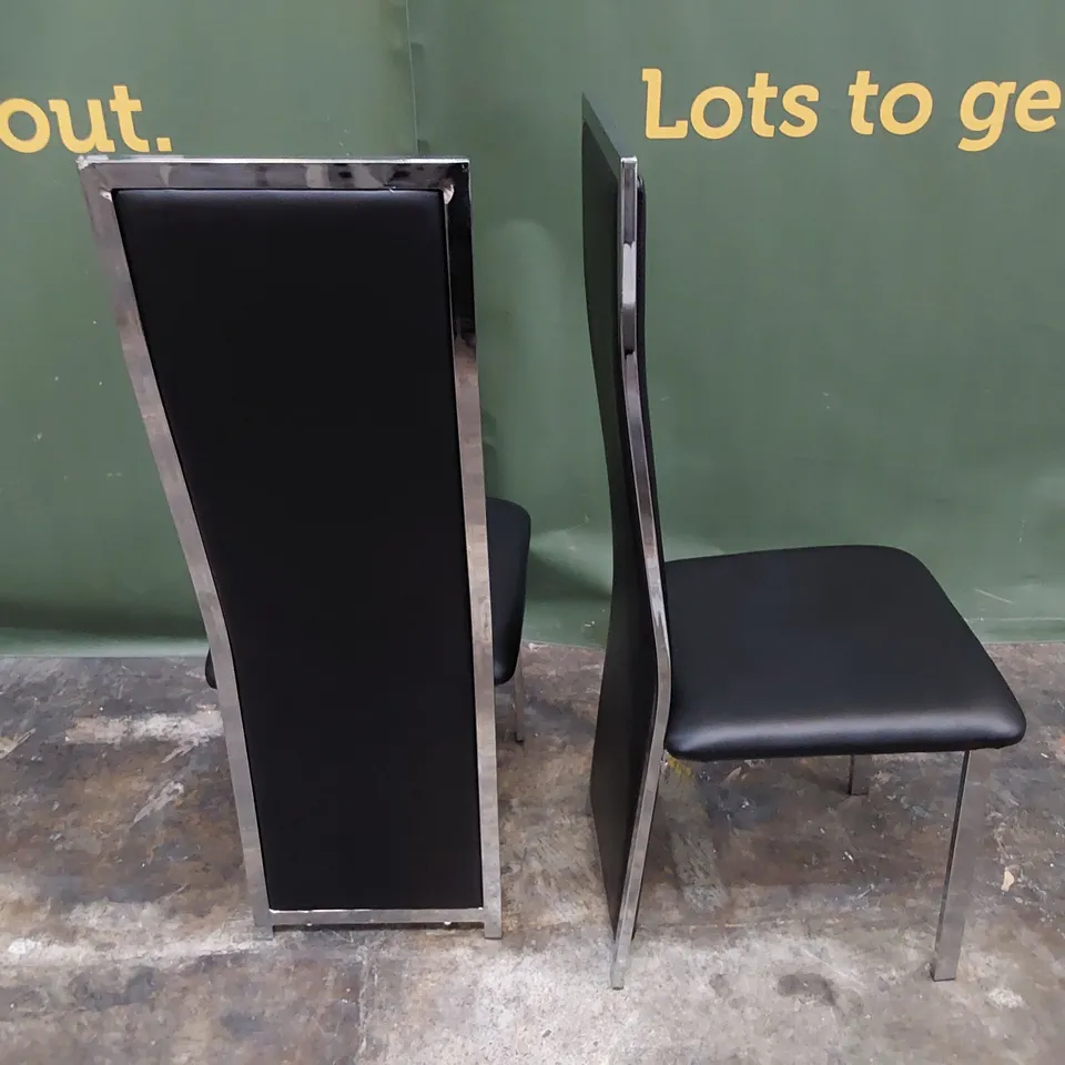 PAIR UPHOLSTERED HIGH BACK DINING CHAIRS BLACK PU CHROME FRAMES 