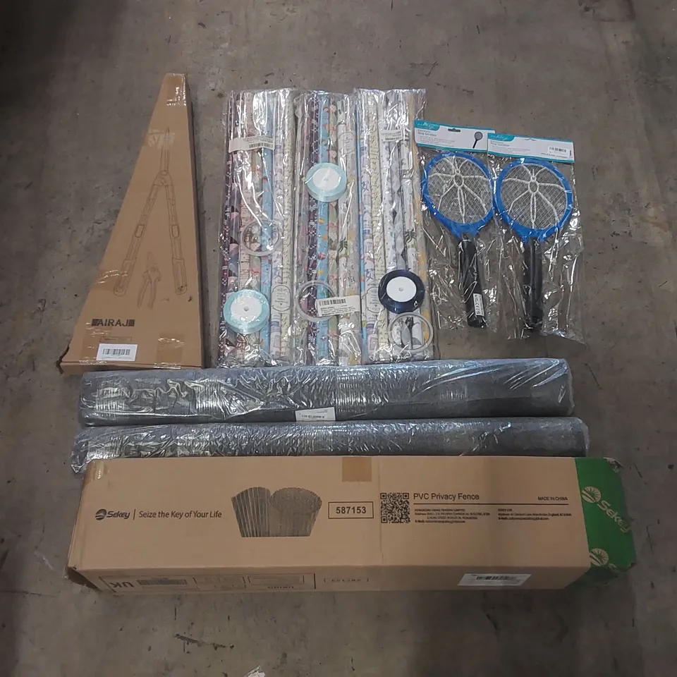 PALLET OF ASSORTED ITEMS INCLUDING: WRAPPING PAPER SETS, ELECTRIC BUG SWATTERS, PVC PRIVACY FENCE, RUGS, GARDENING SHEER ECT