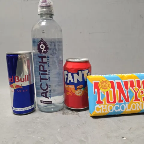 APPROXIMATELY 7 ASSORTED FOOD & DRINK ITEMS TO INCLUDE - TONY'S CHOCOLATE , REDBULL , FANTA FRUIT TWIST ETC