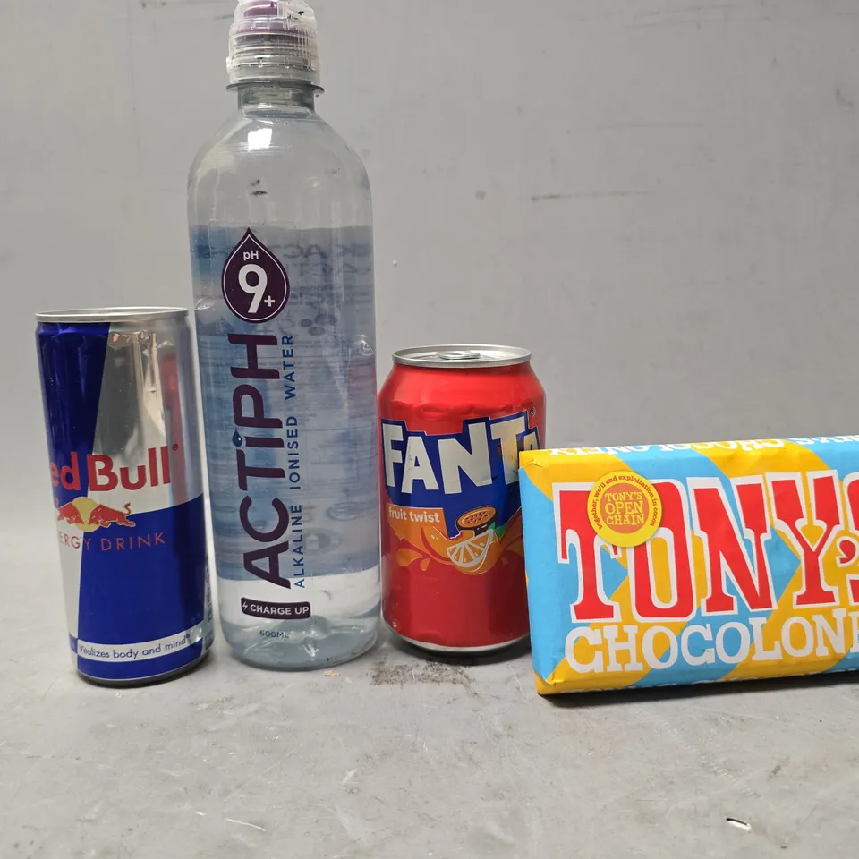 APPROXIMATELY 7 ASSORTED FOOD & DRINK ITEMS TO INCLUDE - TONY'S CHOCOLATE , REDBULL , FANTA FRUIT TWIST ETC