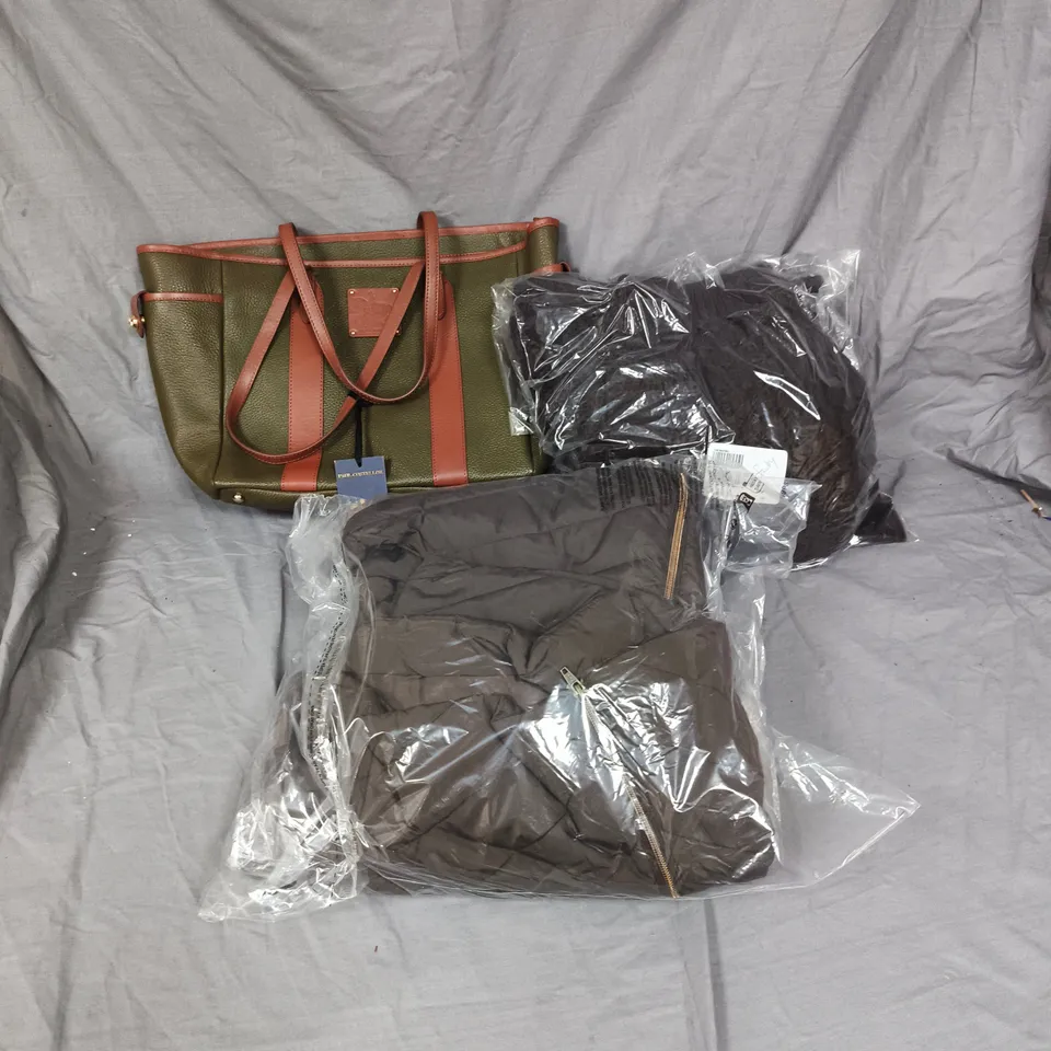 BOX OF APPROXIMATELY 8 ASSORTED CLOTHING ITEMS INCLUDING PAUL COSTELLOE BAG, EXTRA LONG BROWN GILET AND LARGE BROWN KNITTED CARDIGAN