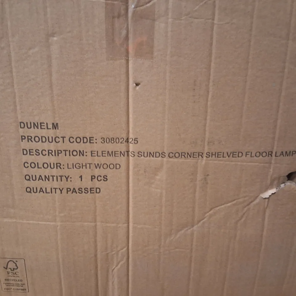 BOXED DUNELM ELEMENTS CORNER SHELVED FLOOR LAMP – LIGHT WOOD,