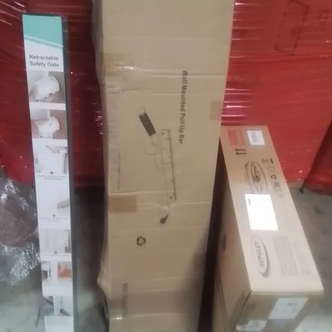 PALLET CONTAINING ASSORTED ITEMS TO INCLUDE:RETRACTABLE SAFETY GATE, LED FAN LIGHT AND WALL MOUNTED PULL UP BAR ETC...