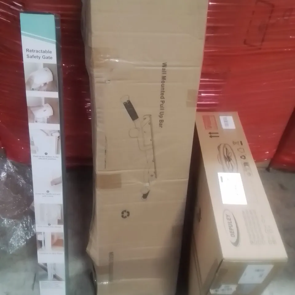 PALLET CONTAINING ASSORTED ITEMS TO INCLUDE:RETRACTABLE SAFETY GATE, LED FAN LIGHT AND WALL MOUNTED PULL UP BAR ETC...