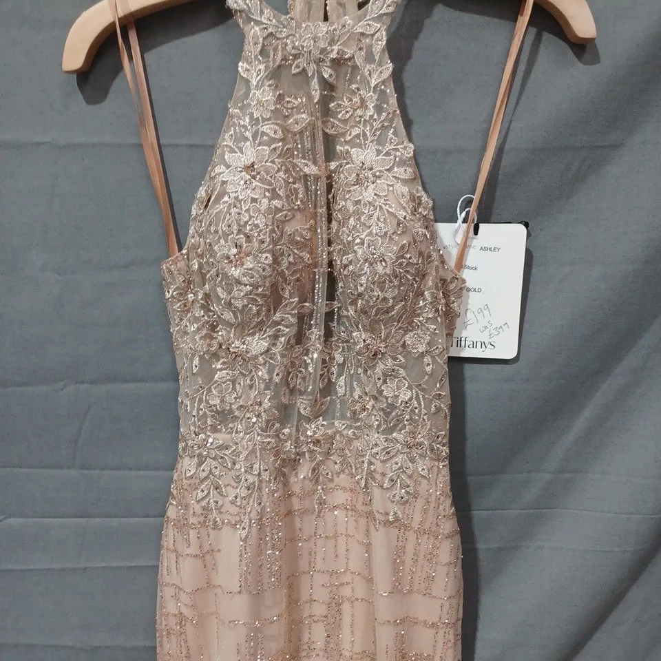 TIFFANYS PROM ASHLEY SEQUIN DETAIL MESH DRESS IN NUDE - SIZE 6