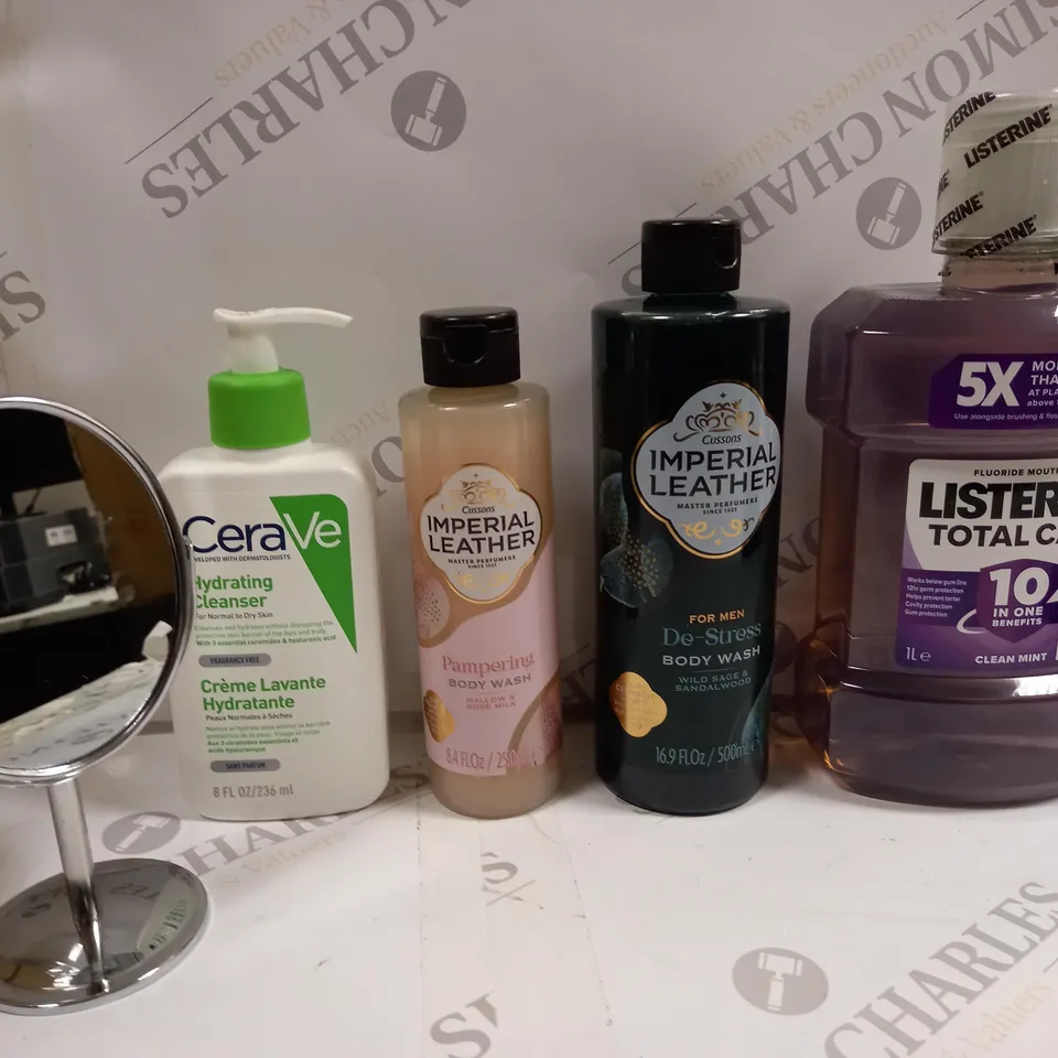 BOX OF APPROXIMATELY 20 ASSORTED COSMETIC ITEMS TO INCLUDE CERAVE CLEANSER, IMPERIAL LEATHER BODY WASH, LISTERINE TOTAL CARE ETC