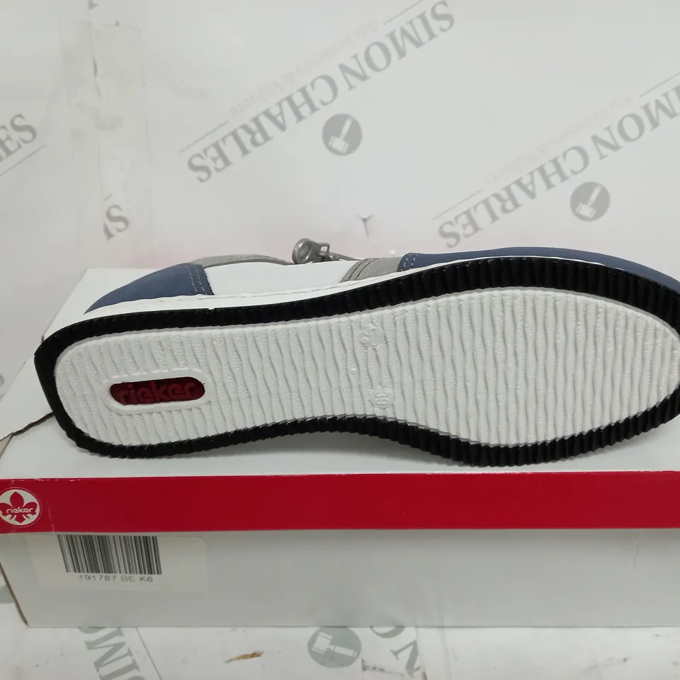 BOXED PAIR OF RIEKER SNEAKERS WITH REMOVABLE INSOLE COMBINATION BLUE UK SIZE 6