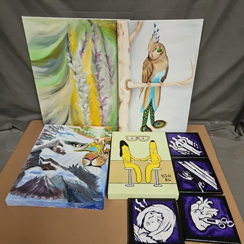 BOX OF APPROX 12 ASSORTED CANVAS PAINTINGS/PRINTS