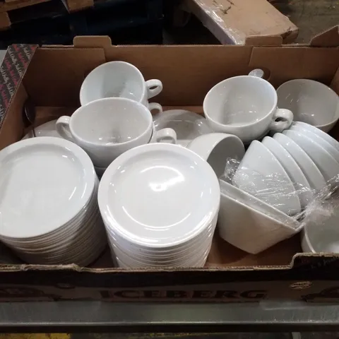 WHITE CERAMIC DINNERWARE SET INCLUDING CUPS, SAUCERS, BOWLS & PLATES