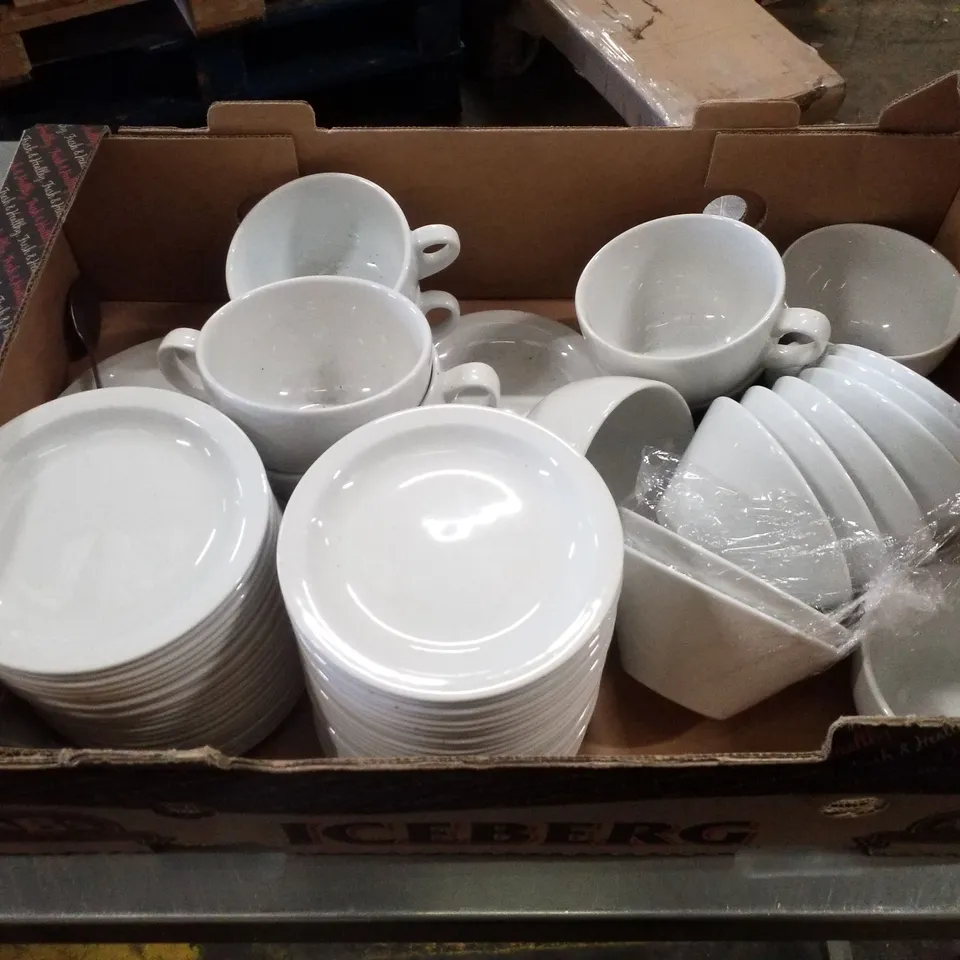 WHITE CERAMIC DINNERWARE SET INCLUDING CUPS, SAUCERS, BOWLS & PLATES