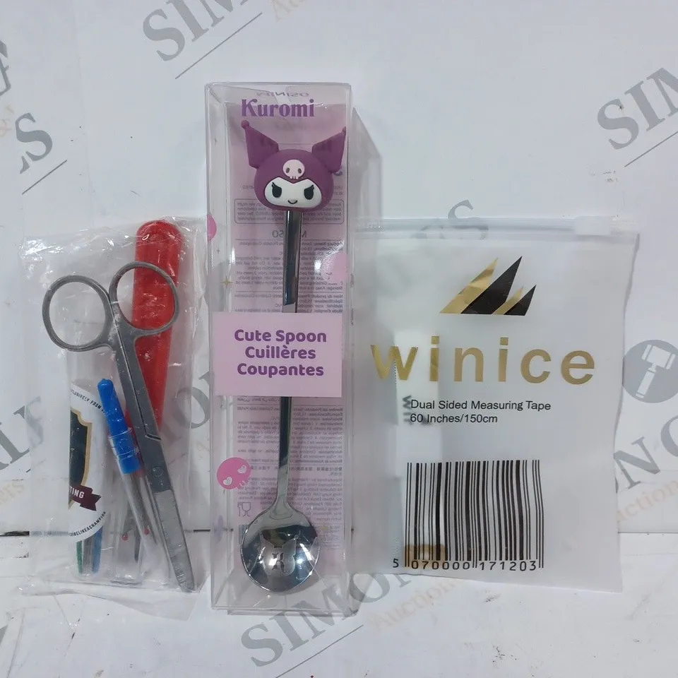 APPROXIMATELY 10 ASSORTED HOUSEHOLD ITEMS TO INCLUDE WINICE DUAL SIDED MEASURING TAPE, KUROMI CUTE SPOON, ETC