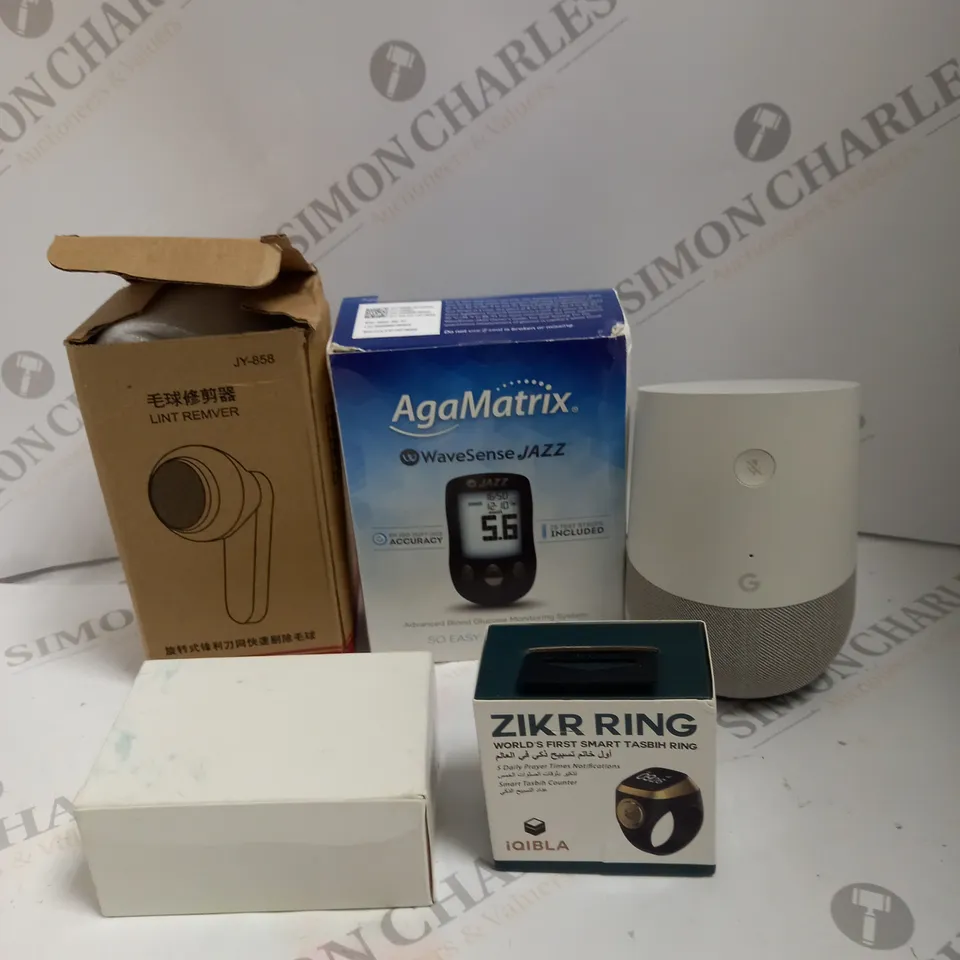 BOX TO CONTAIN APPROX. 5  X ASSORTED TECH PRODUCTS. INCLUDES GOOGLE HOME SPEAKER, AGAMATRIX, ZIKR RING ETC 