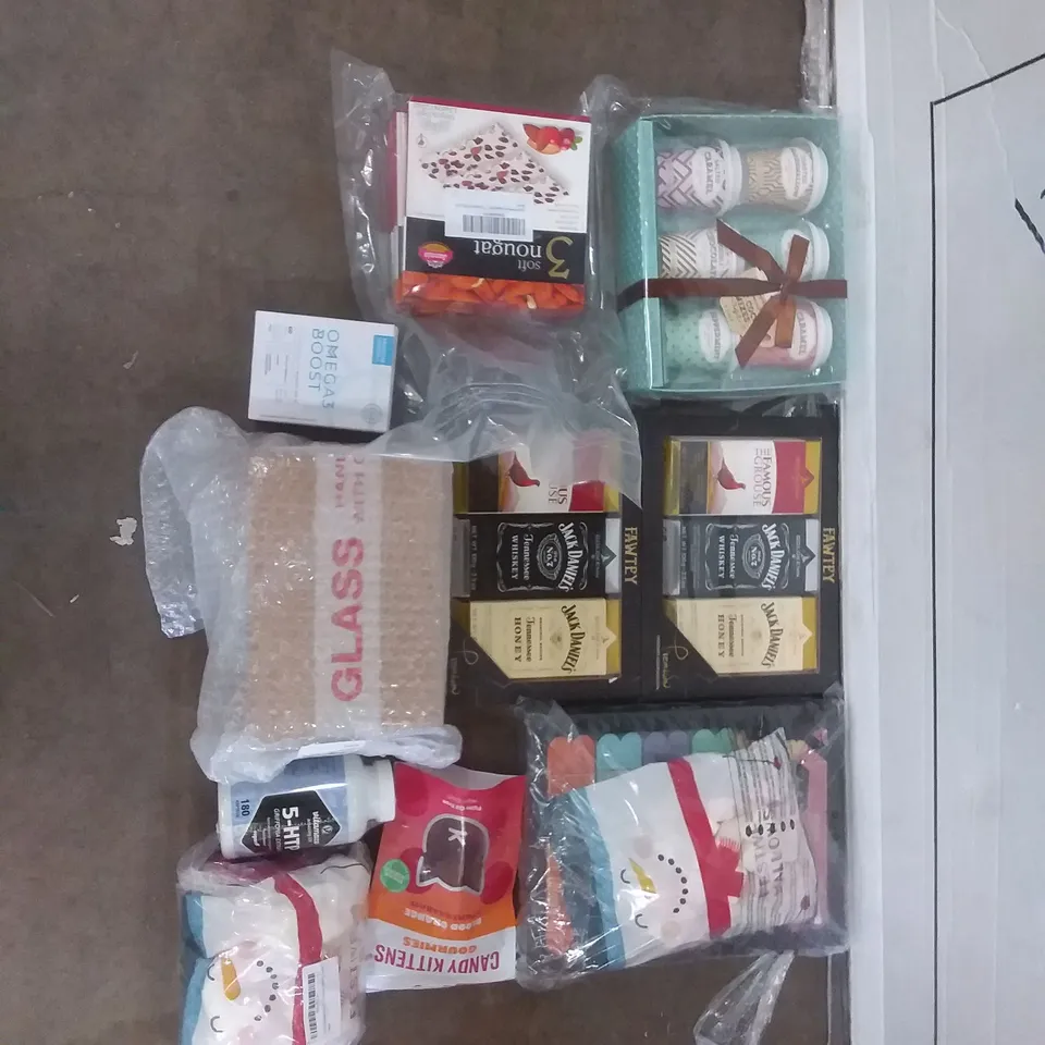 PALLET OF ASSORTED ITEMS INCLUDING FAWTEY CHOCOLATE LIQUOR COLLECTION, 6 HOT CHOCOLATE MIXES, CANDY KITTENS GOURMIES, VITAMINS 5-HTP, PREMIUM OMEGA-3 BOOST, GRAZE BANANA OAT BOOST